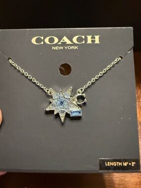 New Coach Blue Star Pendant Crystal Stones 16”+2” Silver Tone Necklace